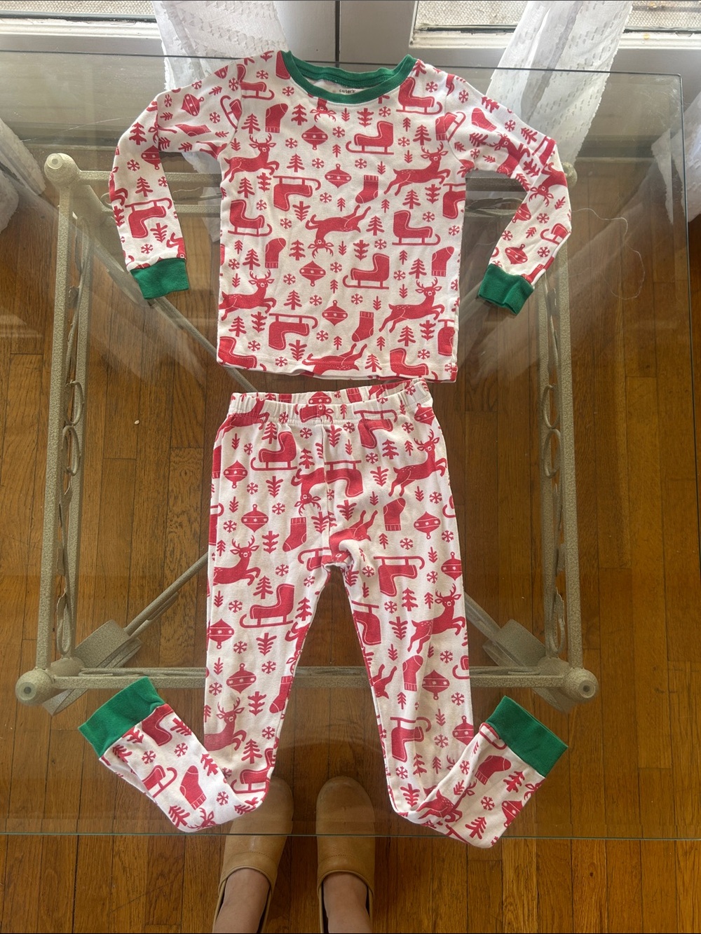 Carter's Red & White Reindeer Holiday Pajama Set with Green Trim kids 7/7A